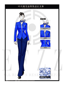 大師手繪藍色修身款職業(yè)裝款式圖1301