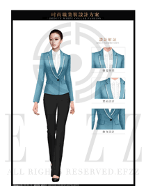 時(shí)尚淺藍(lán)色女款職業(yè)套裝制服設(shè)計(jì)圖1376