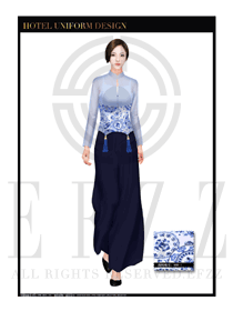 時尚青花瓷鏤空款中餐迎賓服裝款式設計圖786