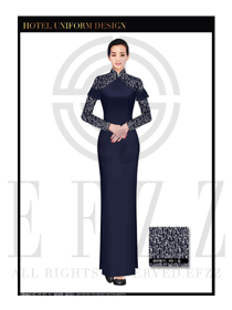 深藍色長裙款酒店中餐廳迎賓制服設(shè)計圖790