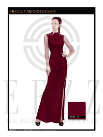 棗紅色長裙款酒店中餐廳迎賓制服設(shè)計(jì)圖798