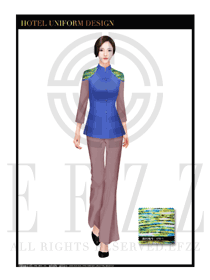 深藍色女款中餐服務(wù)員服裝款式設(shè)計圖1753