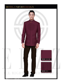 時尚玫紅色圓領(lǐng)男款中餐廳服務(wù)員制服設(shè)計圖1760