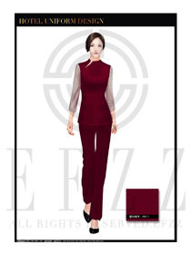 棗紅色女款中餐服務(wù)員服裝款式設(shè)計圖1761