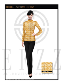 時尚金色百合花圓領女款中餐廳服務員制服設計圖1764
