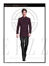 深紫色長(zhǎng)袖男款中餐服務(wù)員制服款式設(shè)計(jì)圖1769