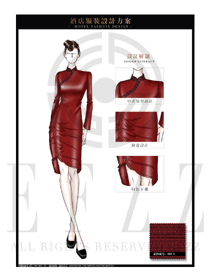 棗紅色長裙款酒店中餐迎賓制服設(shè)計圖834