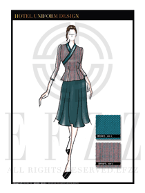 大師手繪黃藍(lán)色女款中餐服務(wù)員服裝款式圖1800