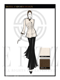 原創(chuàng)手繪卡其色女款長(zhǎng)袖中餐服務(wù)員制服設(shè)計(jì)圖1804