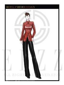 大師手繪新中式橙紅色中餐服務(wù)員服裝款式效果圖1820