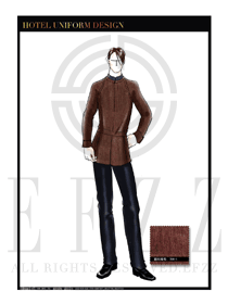 大師手繪咖啡色長袖男款中餐服務(wù)員制服設(shè)計(jì)圖1826