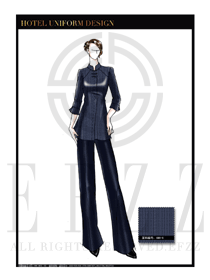 原創(chuàng)手繪稿臧藍色女款中餐服務(wù)員服裝款式圖1828