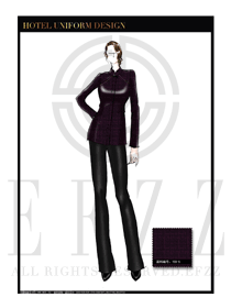 原創(chuàng)手繪稿深紫色女款中餐服務(wù)員服裝款式圖1837