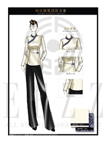原創(chuàng)手繪稿米色女款土家族中餐服務(wù)員服裝款式圖1852