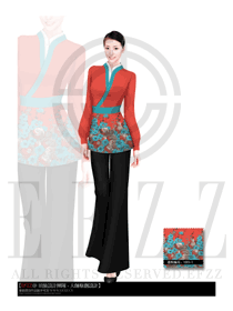 時(shí)尚玫紅色長(zhǎng)袖女款酒店中餐服務(wù)員服裝款式圖1660