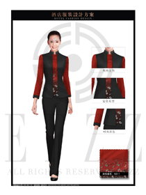 新款酒紅色女款中餐服務員制服設計圖1943