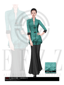 時尚墨綠色長袖女款中餐服務員制服設計圖1482