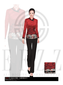 玫紅色長袖女款中餐服務(wù)員制服設(shè)計圖1736