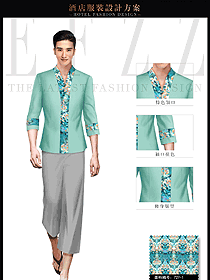 原創(chuàng)制服設(shè)計青綠色男款會所服務(wù)生服裝款式圖609