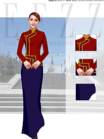 紅色回宮格長(zhǎng)裙款民族特色酒店服裝款式圖218