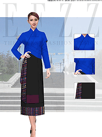 原創(chuàng)制服設(shè)計(jì)深藍(lán)色女款民族特色酒店服裝款式圖220