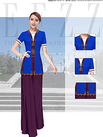 時尚深藍色女款民族特色酒店制服設計圖238