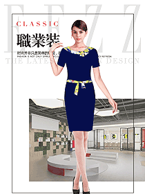 時(shí)尚深藍(lán)色連衣裙款女職業(yè)裝夏裝制服設(shè)計(jì)圖752