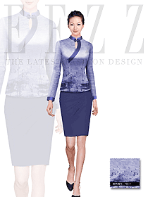 新款淺紫色山水畫女款中餐服務員服裝設計圖1329