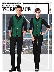 原創(chuàng)制服設(shè)計(jì)綠色馬甲款西餐服務(wù)員服裝款式圖1323