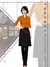 橙色女款快餐廳服務(wù)員制服設(shè)計圖367