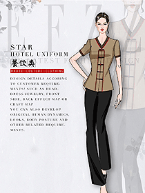 淺咖色短袖女款中餐服務(wù)員服裝款式圖2090