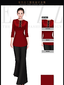星級酒店酒紅色女款中餐服務(wù)員服裝款式圖1693