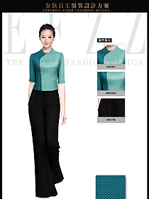 藍(lán)綠色女款中餐服務(wù)員服裝款式圖1711