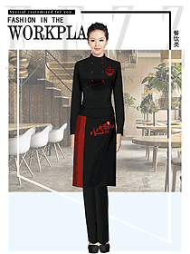 黑色長袖女款快餐廳服務(wù)員制服設(shè)計圖376