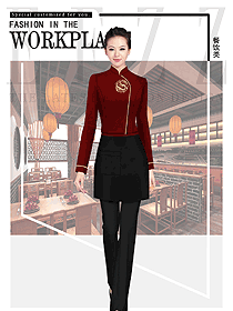 暗紅色女款快餐廳服務(wù)員制服設(shè)計(jì)圖394
