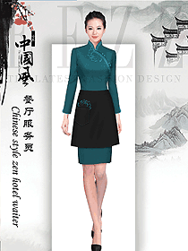 深綠色女款中餐服務(wù)員服裝款式圖2063