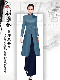 青色女款中餐服務員服裝款式圖2087