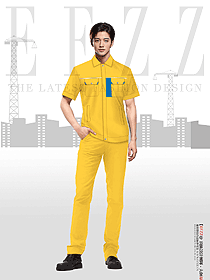 黃色薄款男夏裝全棉廠服工服定制短袖設(shè)計(jì)圖