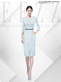 女神范法式高端淡藍色V領(lǐng)連衣裙-定制設(shè)計