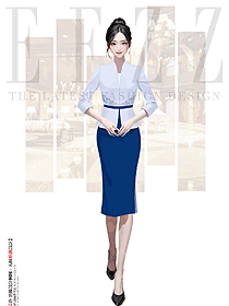 酒店前臺收銀員中袖V領(lǐng)套裝制服手繪設(shè)計圖