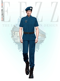 普藍色夏季短袖速干保安服制服套裝手繪設(shè)計圖