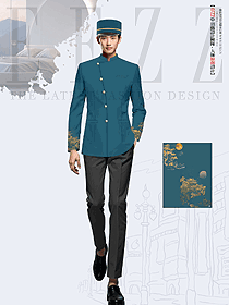 五星級(jí)酒店門童禮賓部員工寶石藍(lán)色制服定制設(shè)計(jì)方案