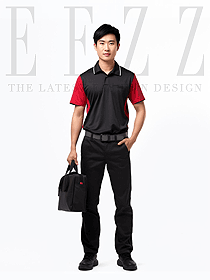 黑紅撞色翻領(lǐng)夏季汽修工作服套裝T恤短袖