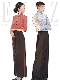 餐廳茶樓男女立領(lǐng)中式制服-服務(wù)員長裙工作服手繪圖