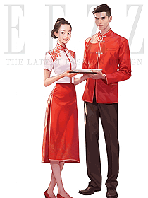 酒店宴會廳男女接待人員制服紅色套裝定制設計圖