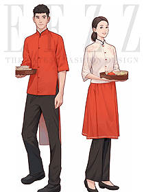 酒店中餐廳喜慶系列新中式漢服員工服裝定制手繪圖