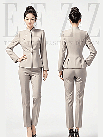 案場客服氣質(zhì)通勤職業(yè)套裝OL米色立領(lǐng)中式西裝工作服定制設(shè)計圖