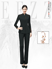 酒店中餐女服務(wù)員深色刺繡款工作服長袖制服設(shè)計圖