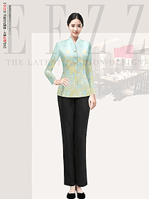 民族風(fēng)印花女服務(wù)員工作服裝定制設(shè)計(jì)案例