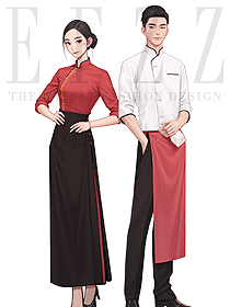 特色餐廳工作服長袖男女火鍋飯店服務(wù)員手繪設(shè)計(jì)圖